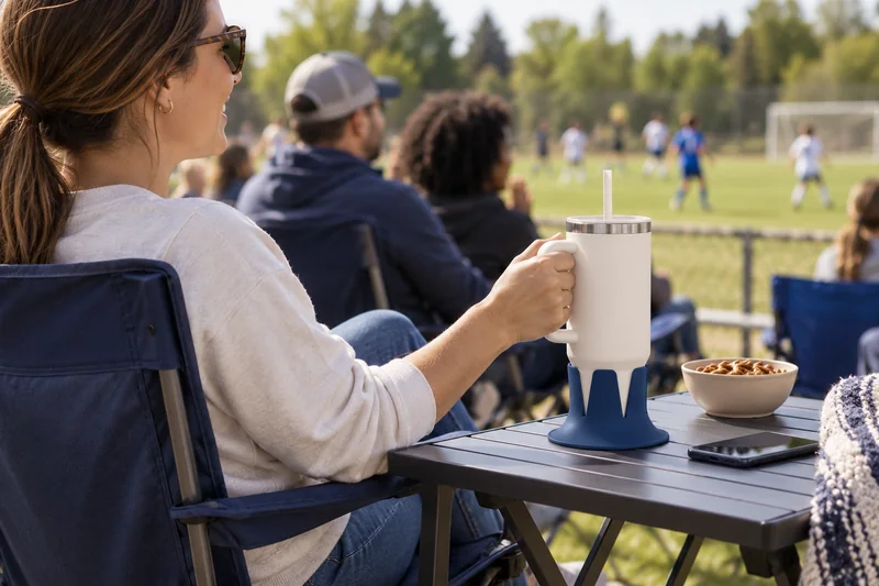 Adult parent watching soccer from authorized spectator area water on stable wide portable side table clear of walkway. AI lifestyle illustration.