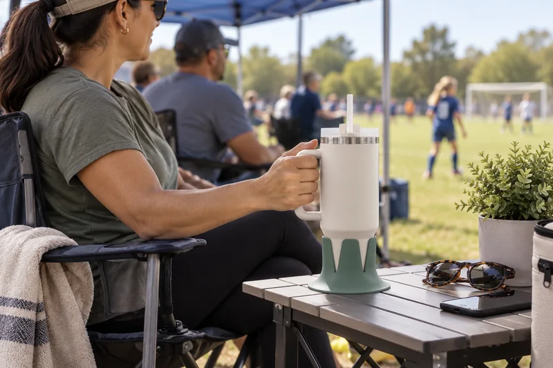 Adult spectator seated under shade near youth field straw tumbler at level side table outside player area. AI lifestyle illustration.