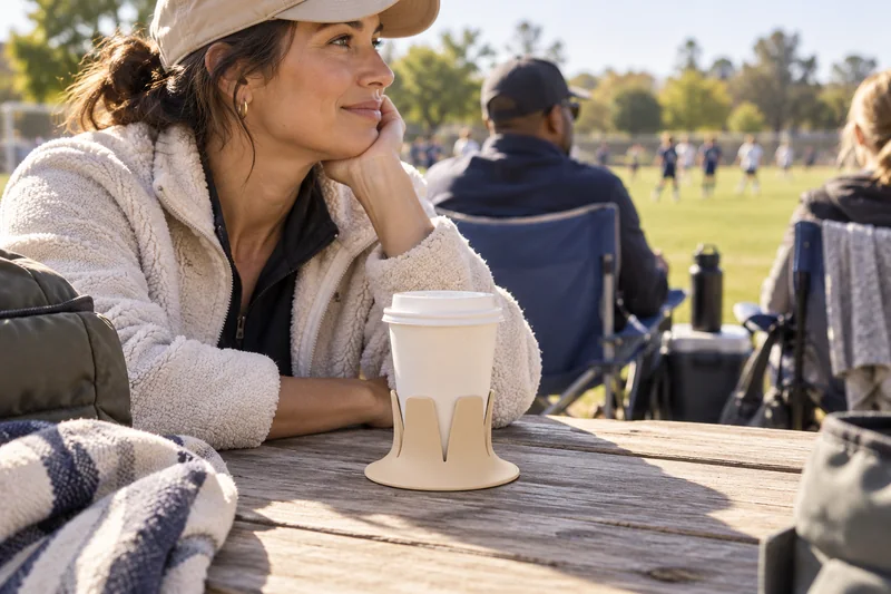 Early morning adult sports spectator at picnic table near field with paper coffee and sports chair behind. AI lifestyle illustration.