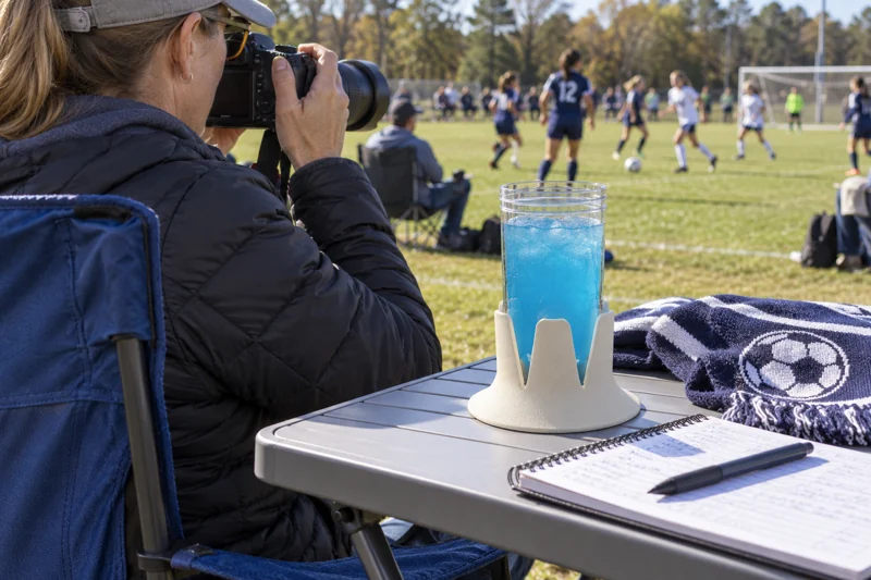 Adult spectator following a youth soccer match with open reusable plastic sports-drink cup in Steadi on wide level portable sideline table next to seated spectator. AI illustration.