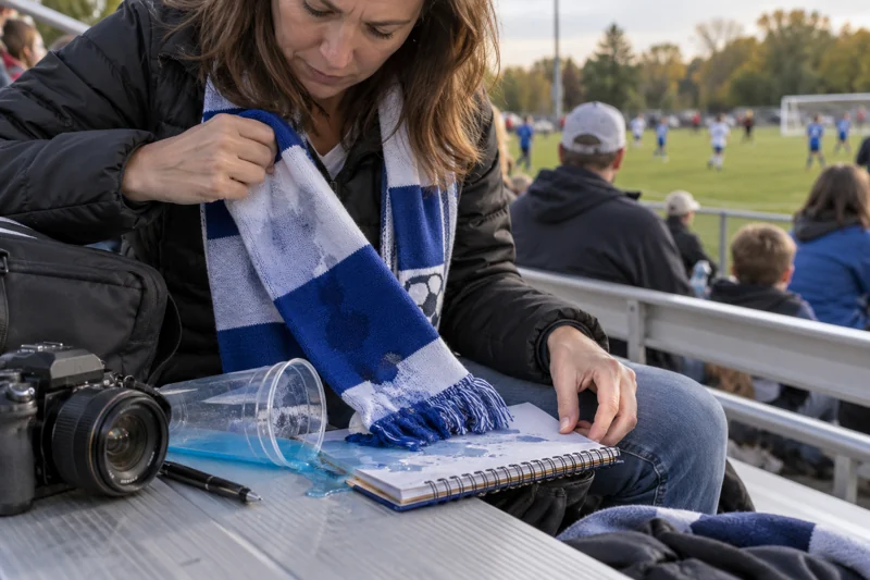 Reaching for camera catches cup; colored drink wets team scarf and notebook. AI illustration.